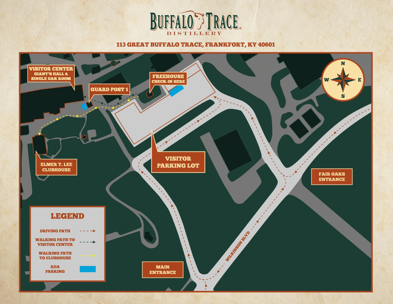 Buffalo Trace distillery map of the visitor campus in Frankfort Kentucky showing the visitor center, Freehouse check-in, visitor parking lot and both entrances